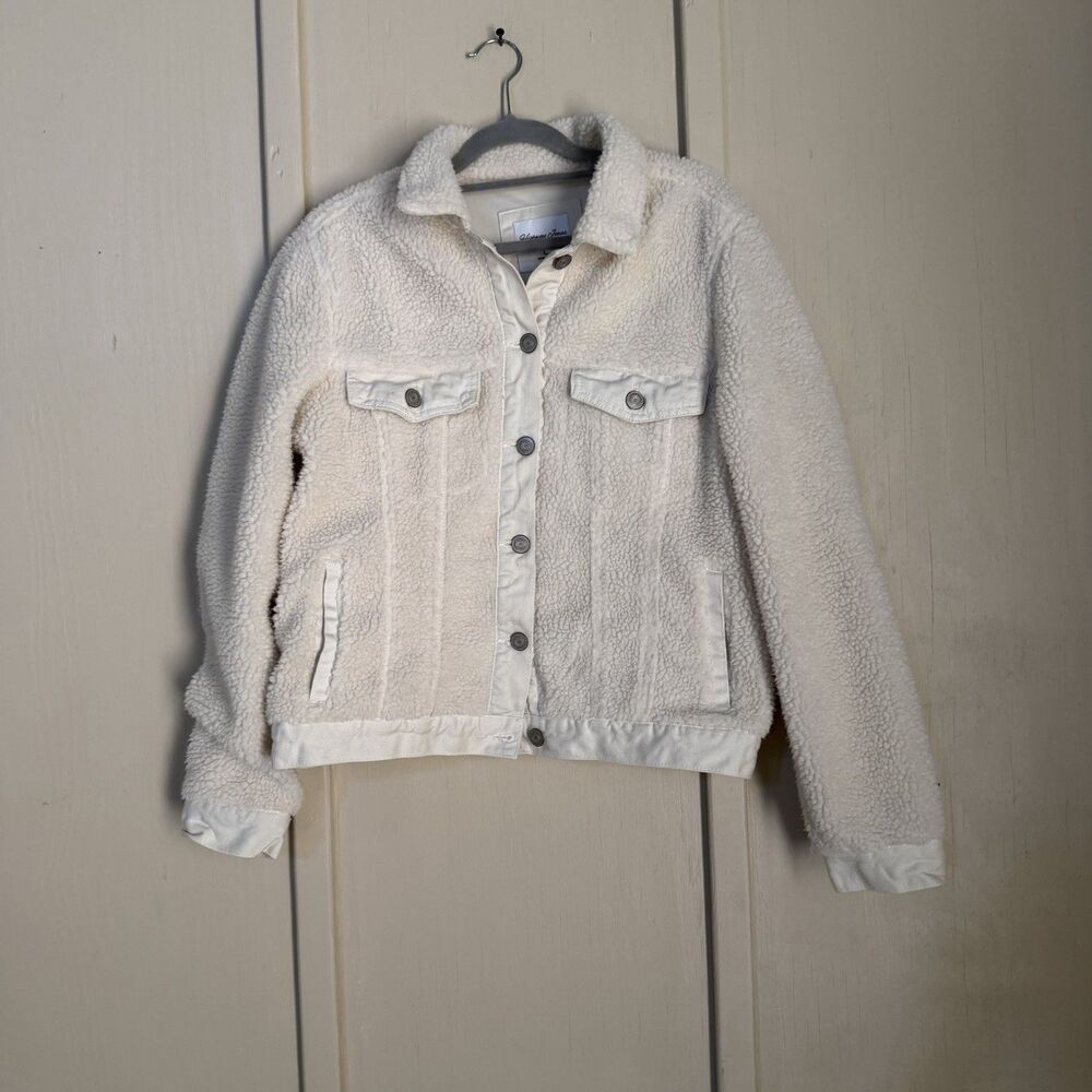 Womens Jacket Fleece Trucker Large White Pockets Button Denim